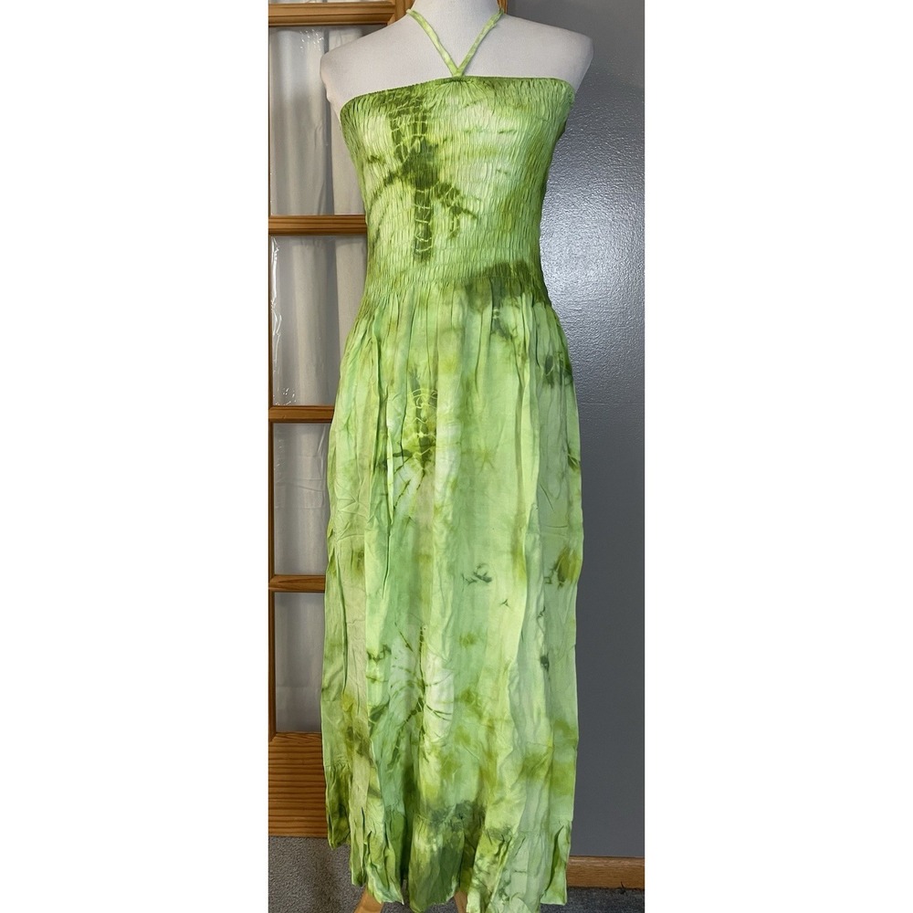90s NF Tie Dye Halter Maxi Dress OS Green Smocked Ruffled Hem Boho Beach Peasant